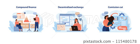 DeFi, decentralized finance set. Smart distributed ledger technologies for lending, investing, or exchanging cryptoassets without traditional centralized intermediary. Flat vector illustration 115480178