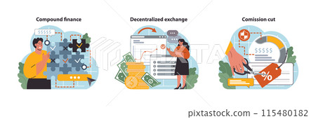DeFi, decentralized finance set. Smart distributed ledger technologies for lending, investing, or exchanging cryptoassets without traditional centralized intermediary. Flat vector illustration DeFi, decentralized finance set. Smart distributed ledger technologies for lending, investing, or exchanging cryptoassets without traditional centralized intermediary. Flat vector illustration 115480182