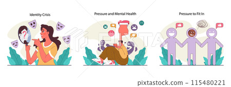 Peer pressure concept set. People of various age groups and statuses suffering from social disapproval, bullying and lack of support. High expectations and trends ideas. Flat vector illustration Peer pressure concept set. People of various age groups and statuses suffering from social disapproval, bullying and lack of support. High expectations and trends ideas. Flat vector illustration 115480221