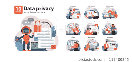 Data Privacy set. Exploring the facets of online safety. Personal data handling, secure browsing and encryption techniques. Protecting information user consent and potential threats. vector 115480245