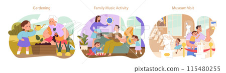 Family Learning set. Tending plants, musical exploration, cultural enrichment at a museum. Inter-generational bonding, creative expression. 115480255