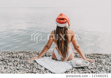 A woman wearing a red Santa hat sits on a beach towel. She is wearing a bikini and has a laptop on her lap. A woman wearing a red Santa hat sits on a beach towel. She is wearing a bikini and has a laptop on her lap. 115480261