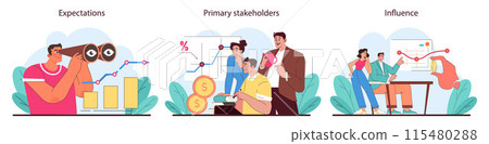 Stakeholder expectations set. Exploring future goals, guiding investments, and wielding influence in business. Insightful analysis and strategic partnerships depicted. Flat vector illustration. 115480288