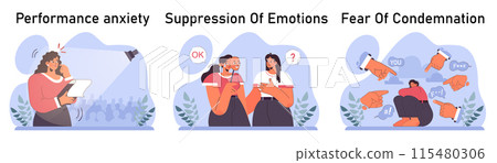 Anxiety set. Character mental health issues. Woman coping with psychological stress. Mental disorder emotional and physical symptom. Flat vector illustration 115480306