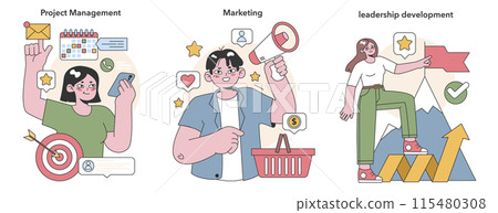 Professional growth set. Characters focusing on project management, marketing strategies, and leadership skills. Career development concept. Flat vector illustration 115480308