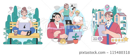Third place idea set. Social surroundings, separate from home and workplace. Community life building, people interaction and communication zone. Flat vector illustration Third place idea set. Social surroundings, separate from home and workplace. Community life building, people interaction and communication zone. Flat vector illustration 115480318