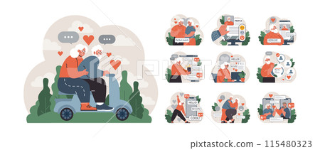Elderly love set. Seniors exploring online dating, expressing affection, and enjoying quality time. Digital communication, mature romance, and cherished moments. Flat vector illustration 115480323