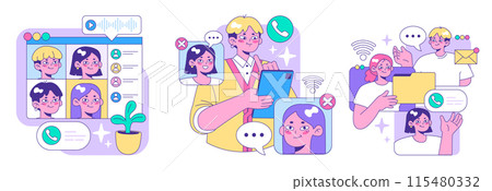 Digital Communication set. Youth engaging in video calls, online chats, and messaging. Video conference, online communication, and social media engagement. Flat vector illustration Digital Communication set. Youth engaging in video calls, online chats, and messaging. Video conference, online communication, and social media engagement. Flat vector illustration 115480332