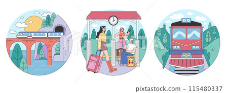 Train trip set. Characters traveling by train. Passengers with luggage getting on train. Railway travel and tourism. Flat vector illustration Train trip set. Characters traveling by train. Passengers with luggage getting on train. Railway travel and tourism. Flat vector illustration 115480337