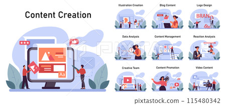 Content creation set. Social media marketing and digital promotion campaign. Content marketing, data visualization and optimization. Creative process. Flat vector illustration Content creation set. Social media marketing and digital promotion campaign. Content marketing, data visualization and optimization. Creative process. Flat vector illustration 115480342