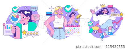 Credit card set. Bank-offered financing of purchases. Individual and business credit card. Credit arrangements and rating. Flat vector illustration Credit card set. Bank-offered financing of purchases. Individual and business credit card. Credit arrangements and rating. Flat vector illustration 115480353