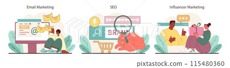 Marketing Strategies set. Dynamic illustrations of email campaigns, SEO optimization, and influencer partnerships, depicting digital marketing tactics. Tools for engaging today's online consumer 115480360