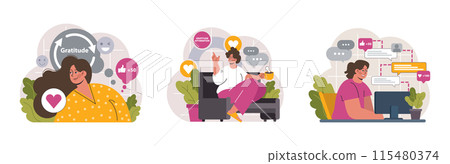 Gratitude set. Grateful and thankful characters. Charity and volunteer work sharing love and care. Online and offline communication. Flat vector illustration 115480374