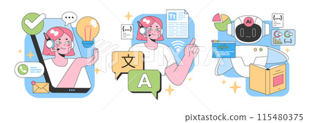 Digital Assistants Unleashed set. From making calls, creative brainstorming, coding, to AI analytics. Multitasking, real-time solutions, language translation. Flat vector illustration 115480375