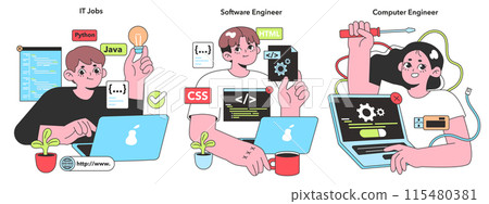 Vibrant vector illustration capturing IT professionals in their element, from coding in Python to engineering computers, embodying the spirit of tech innovation. Vibrant vector illustration capturing IT professionals in their element, from coding in Python to engineering computers, embodying the spirit of tech innovation. 115480381