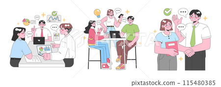 Workplace Dynamics set. Collaborative teamwork at modern office desk, coffee break discussions, and a business handshake finale. Energetic conversations and success stories. Flat vector illustration. Workplace Dynamics set. Collaborative teamwork at modern office desk, coffee break discussions, and a business handshake finale. Energetic conversations and success stories. Flat vector illustration. 115480385