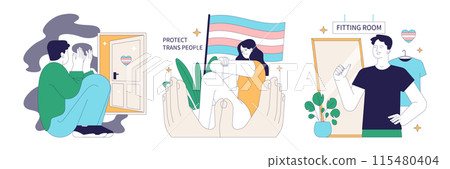 Gender transition pros and cons set. Gender-affirming therapy, positive and negative side. Transgender person mental health, legalization and discrimination. Flat vector illustration Gender transition pros and cons set. Gender-affirming therapy, positive and negative side. Transgender person mental health, legalization and discrimination. Flat vector illustration 115480404