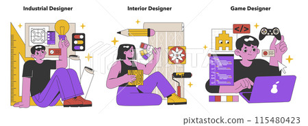 Specialized Design Fields set. A fusion of industrial, interior, and game design, where innovation meets aesthetics to shape user experiences. Flat vector illustration. 115480423