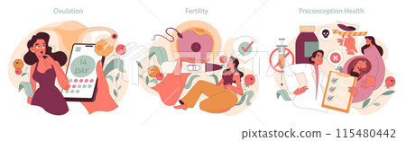 Illustrative guide on women's reproductive health, showcasing ovulation tracking, fertility tests, and preconception care. Emphasizes awareness, informed choices, and expert consultation Illustrative guide on women's reproductive health, showcasing ovulation tracking, fertility tests, and preconception care. Emphasizes awareness, informed choices, and expert consultation 115480442
