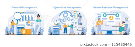 Strategy and management set. Key elements of financial, operations, and human resource management. Fostering fiscal health, process efficiency, and workforce development. Flat vector illustration. Strategy and management set. Key elements of financial, operations, and human resource management. Fostering fiscal health, process efficiency, and workforce development. Flat vector illustration. 115480446