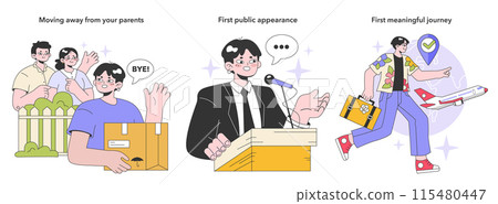 Youth and adulthood years set. Life milestones. Young male character getting old and gain new experience. Flat vector illustration Youth and adulthood years set. Life milestones. Young male character getting old and gain new experience. Flat vector illustration 115480447