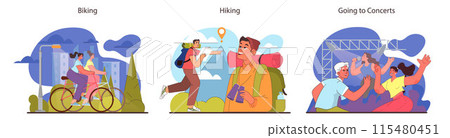 Friends activities set. City bike rides, trail hiking adventures, and lively music concerts. Urban exploration, nature treks, and cultural enjoyment. Shared experiences. Flat vector illustration. Friends activities set. City bike rides, trail hiking adventures, and lively music concerts. Urban exploration, nature treks, and cultural enjoyment. Shared experiences. Flat vector illustration. 115480451