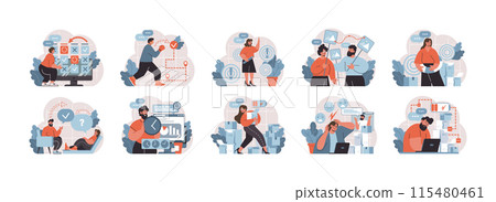 Corporate tasks and teamwork set. A compilation of vectors showcasing professionals in goal-setting, strategic planning, and interactive problem-solving sessions. Flat vector illustration pack. 115480461