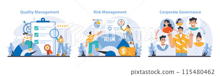 Strategy and management set. Exploring quality, risk management, and corporate governance. Prioritizing high standards, minimizing threats, ensuring ethical practices. Flat vector illustration. Strategy and management set. Exploring quality, risk management, and corporate governance. Prioritizing high standards, minimizing threats, ensuring ethical practices. Flat vector illustration. 115480462