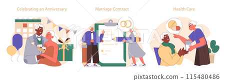 Old age marriage set. Excited senior couple. Elderly people dating and building a family. Old characters lifetime companionship and support. Flat vector illustration 115480486