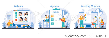 Business meeting set. Interactive webinar engagement, detailed agenda planning, and concise meeting minutes documentation. Seamless corporate coordination. Flat vector illustration. 115480491