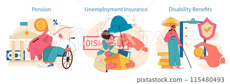 Financial Support Concepts Set. Elderly man treasures his pension savings with a piggy bank. Distraught woman faces unemployment storm. Lady with disability ensured by benefits shield. Flat vector. 115480493