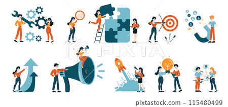 Teamwork and Goal Setting set. Professionals engaging in problem-solving and target achievement. Cooperative tasks, innovation launch, and idea sharing. Flat vector illustration 115480499
