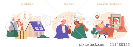 Old age marriage set. Excited senior couple. Elderly people dating and building a family. Old characters lifetime companionship and support. Flat vector illustration Old age marriage set. Excited senior couple. Elderly people dating and building a family. Old characters lifetime companionship and support. Flat vector illustration 115480563