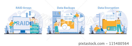 Data Storage essentials set. RAID technology, secure backup solutions, and encryption processes. Safeguarding digital data with modern techniques. Flat vector illustration. 115480564