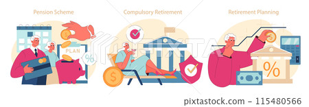 Retirement Essentials set. Depicting the journey of financial preparation from pension schemes to retirement planning. Retirement Essentials set. Depicting the journey of financial preparation from pension schemes to retirement planning. 115480566