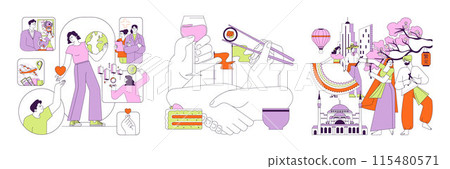 Soft power set. Global connectivity and cultural exchange. International communication. Different countries cooperation, peace and unity. Flat vector illustration 115480571