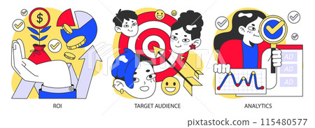 Advertising analysis set. Maximizing ROI, targeting the right audience, and measuring ad performance. Keys to successful marketing depicted. Flat vector illustration. 115480577