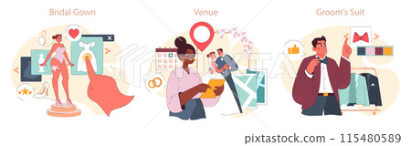 Wedding Planning set. Bride admires a gown, couple selects venue, groom chooses suit. Moments of joy. Picking the best. Flat vector illustration. Wedding Planning set. Bride admires a gown, couple selects venue, groom chooses suit. Moments of joy. Picking the best. Flat vector illustration. 115480589
