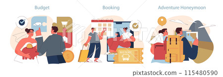 Honeymoon concept. Newlyweds engage in budgeting, making reservations, and embarking on adventurous excursions. Honeymoon concept. Newlyweds engage in budgeting, making reservations, and embarking on adventurous excursions. 115480590