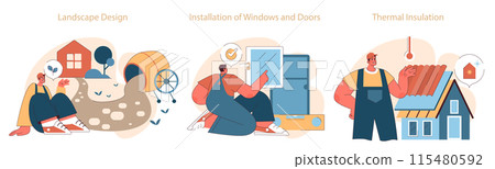 Construction work set. Specialists in landscape design, window installation, and thermal insulation highlight industry versatility. Flat vector illustration Construction work set. Specialists in landscape design, window installation, and thermal insulation highlight industry versatility. Flat vector illustration 115480592