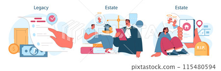 Inheritance set. Estate planning, tax considerations, and executor duties. Testament administration, property transferring paper. Flat vector illustration. 115480594