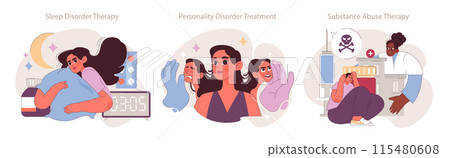 Psychotherapy interventions set. Addressing sleep, personality, and substance disorders. Multifaceted therapeutic approaches to wellness. Psychotherapy interventions set. Addressing sleep, personality, and substance disorders. Multifaceted therapeutic approaches to wellness. 115480608
