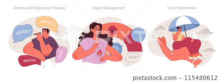 Emotional Healing set. Diverse mental health treatments from anxiety and depression therapy to anger management and crisis intervention. Emotional Healing set. Diverse mental health treatments from anxiety and depression therapy to anger management and crisis intervention. 115480612
