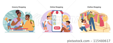 Shopping journey set. Family grocery trips, childs joy in online sales, browsing clothes. Interactive buying experiences, digital convenience, wardrobe selections. Flat vector illustration Shopping journey set. Family grocery trips, childs joy in online sales, browsing clothes. Interactive buying experiences, digital convenience, wardrobe selections. Flat vector illustration 115480617