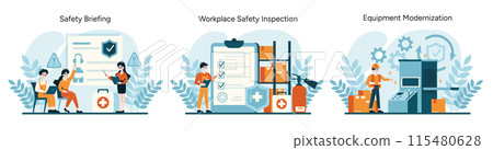 OSHA essentials set. Engaging in safety briefings, thorough workplace inspections, and the modernization of equipment. Prioritizing worker safety and preventive measures. Flat vector illustration 115480628
