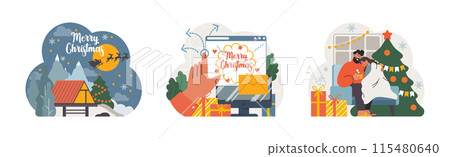 Christmas and new year celebration set. Family members or friends. Festive traditions, Christmas tree and festive dinner. Santa Claus flying on sleight with presents. Flat vector illustration Christmas and new year celebration set. Family members or friends. Festive traditions, Christmas tree and festive dinner. Santa Claus flying on sleight with presents. Flat vector illustration 115480640
