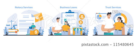 Additional and convenient banking services set. Authenticating documents with notary services, funding enterprises via business loans, and managing assets with trust services. Vector illustration. Additional and convenient banking services set. Authenticating documents with notary services, funding enterprises via business loans, and managing assets with trust services. Vector illustration. 115480645