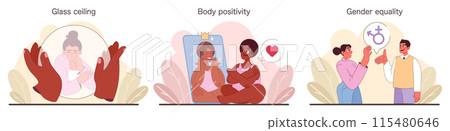 A confident woman showcases various scenes of empowerment, from gender equality to body positivity. Feminist symbols. Supportive narratives. Reproductive rights. Flat vector illustration. 115480646