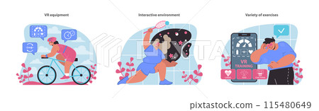 Cycle through a cloud-kissed skyline and lunge into starry cosmos with our VR Workout series, where technology meets fitness in an exhilarating vector celebration. 115480649