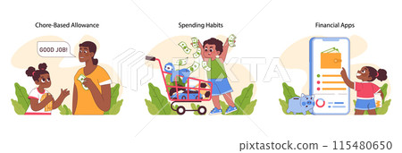 Pocket money set. Kids learning financial skills, from savings to budgeting. Allowance from parents for doing chores. Choosing between needs and wants. Financial literacy. Flat vector illustration Pocket money set. Kids learning financial skills, from savings to budgeting. Allowance from parents for doing chores. Choosing between needs and wants. Financial literacy. Flat vector illustration 115480650